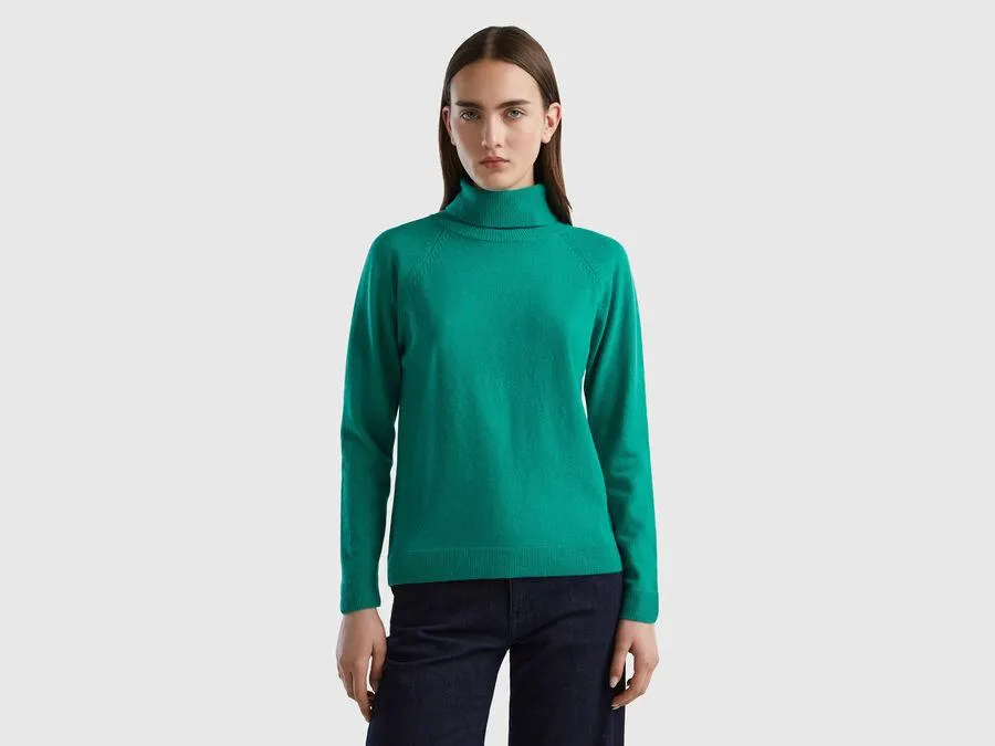 Aqua green turtleneck sweater in cashmere and wool blend