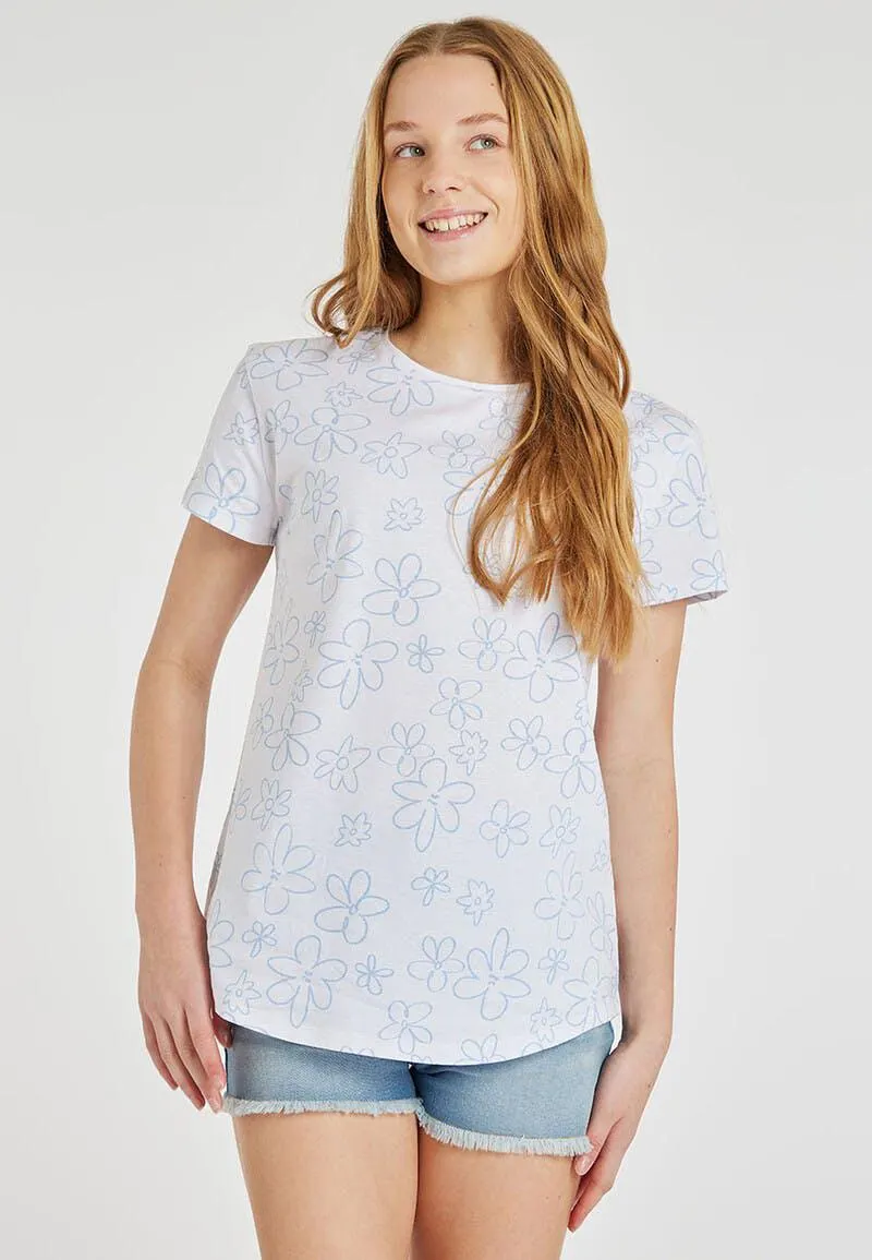 Older Girls Blue and White Floral Print T-Shirt