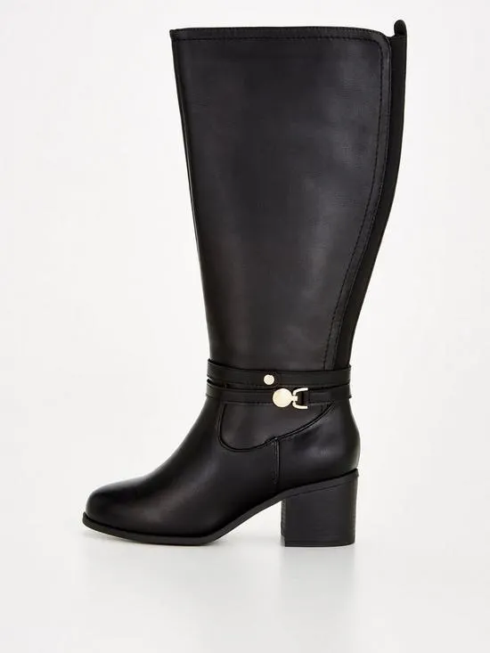 Extra Wide Knee Boot With Buckle Detail - Black