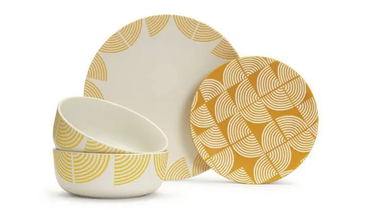 Habitat Block Print 12 Piece Stoneware Dinner Set - Yellow