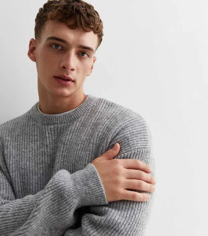 Grey Ribbed Knit Oversized Jumper