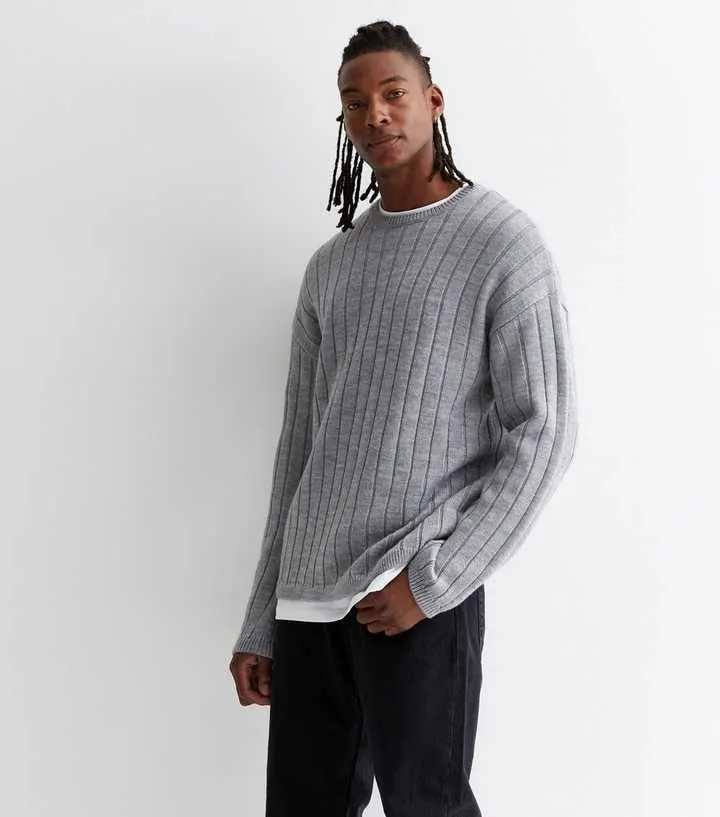 Grey Ribbed Knit Crew Neck Oversized Jumper