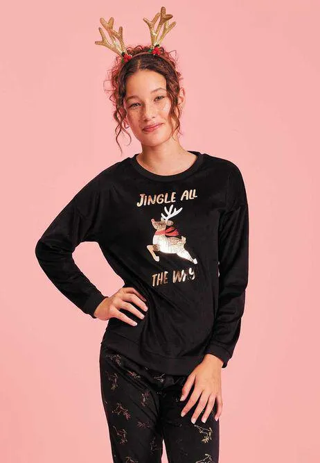 Older Girls Black Reindeer Baby Fleece Pyjamas