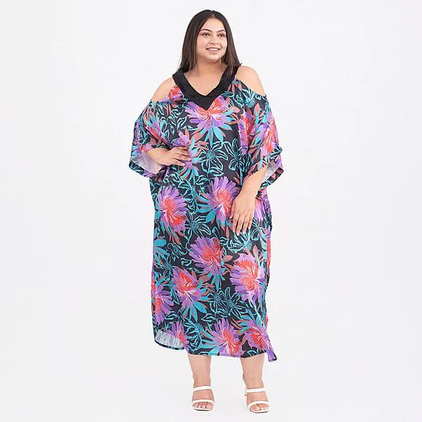 Tamsy Exclusive Print Kaftan Dress: One Size. Purple