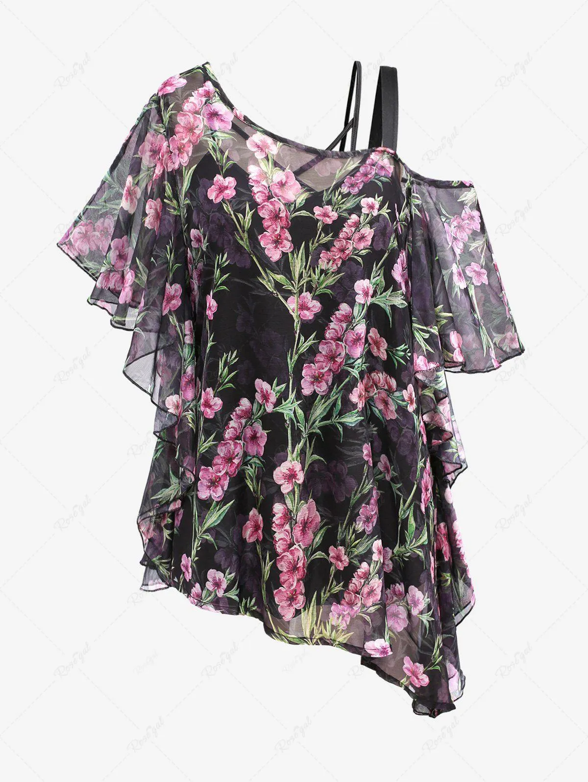 Plus Size Crisscross Cami Top and Flower Print Chiffon Cold Shoulder T-shirt - 2x | Us 18-20