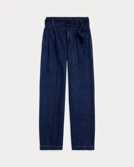 Belted Pleated Wide-Leg Denim Trousers