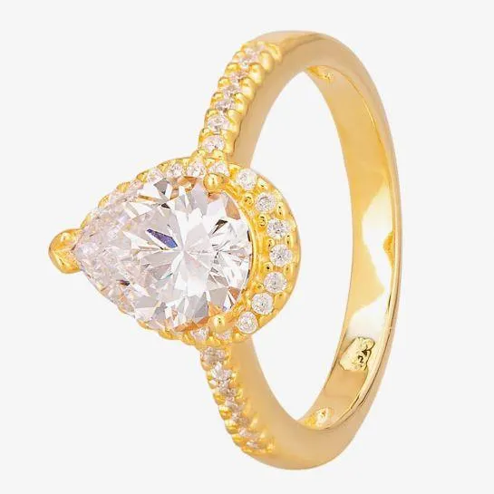 Gold Pear-Cut Cubic Zirconia Halo Shouldered Ring