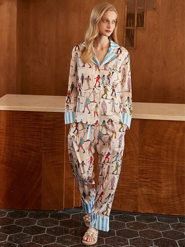 Home Wear Turndown Collar Long Sleeves Cartoon Characters Print Clothes Polyester