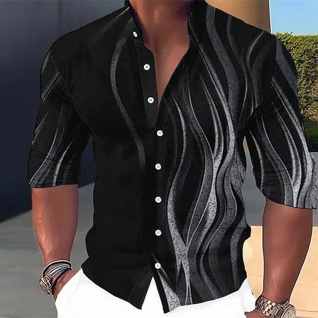 Men's Shirt Linen Shirt Gradient Graphic Prints Geometry Stand Collar Yellow Blue Purple Green Gray Outdoor Street Long Sleeve Print Clothing Apparel Linen Fashion Streetwear Designer Casual