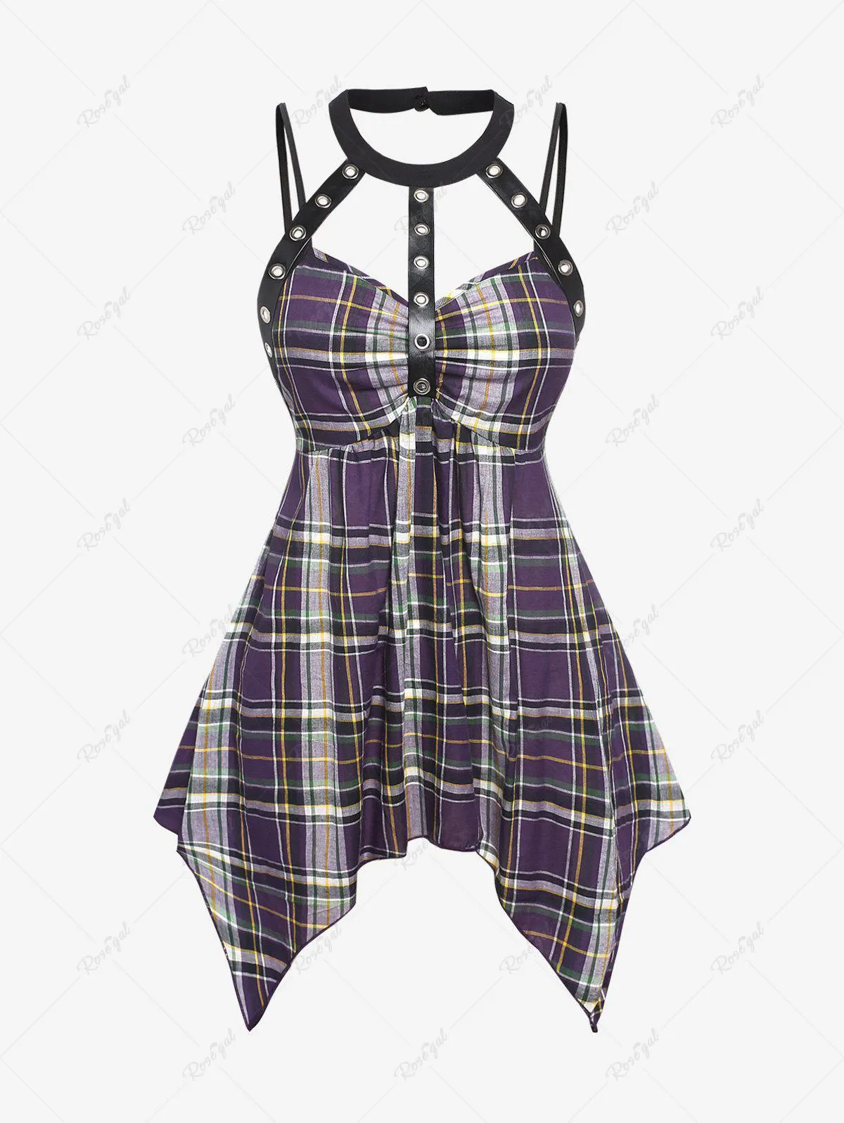 Plus Size Grommet Backless Handkerchief Plaid Halter Tank Top (Adjustable Shoulder Strap) - M | Us 10