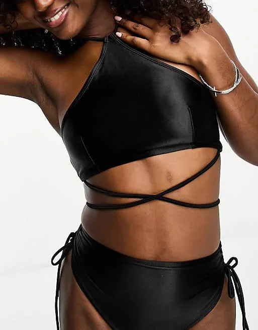 Luxe Palm halterneck strappy bikini set in black