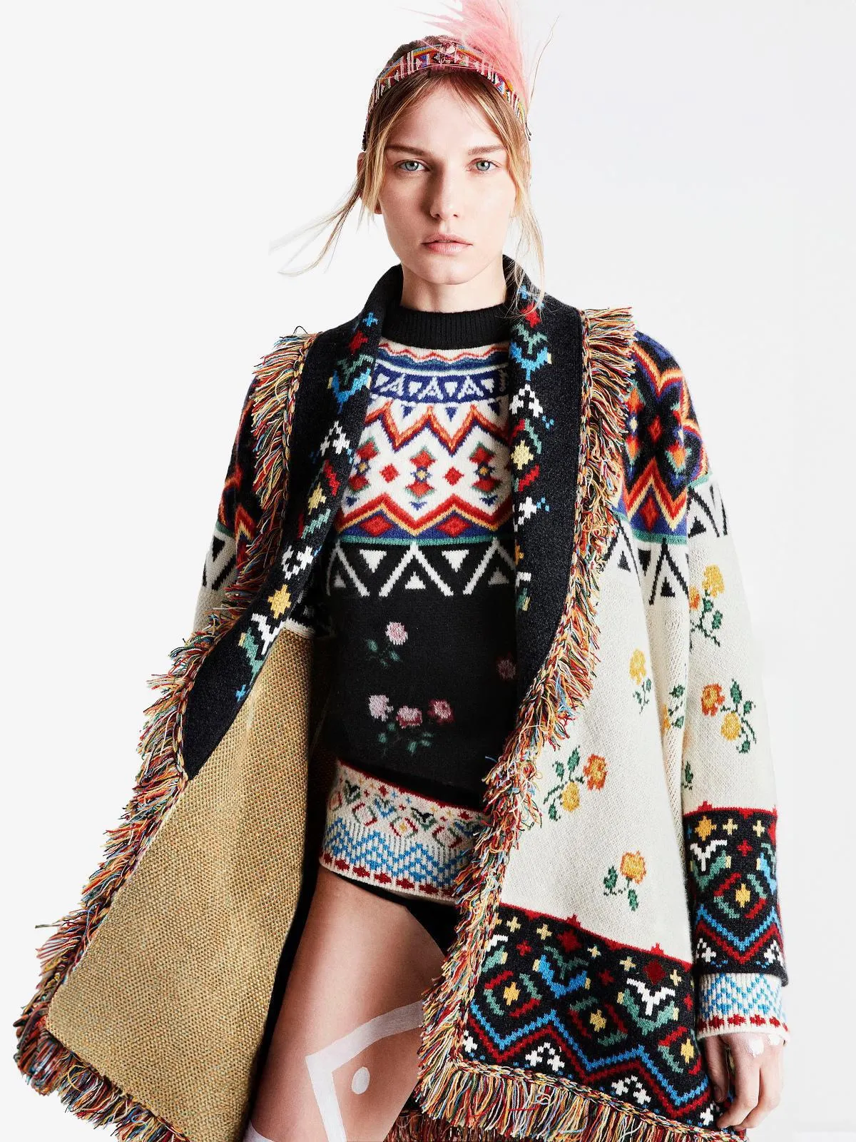 Jacquard Cardigans Roses Tassel Trim Belted Wool Blend Boho Sweater