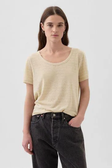 Linen Blend Short Sleeve Scoop Neck T-Shirt