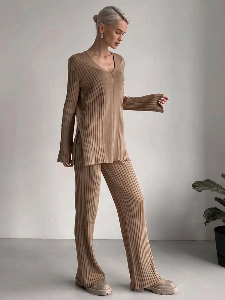 Pant Set V-Neck Slit Buttons Modern Casual Daily Fall Spring