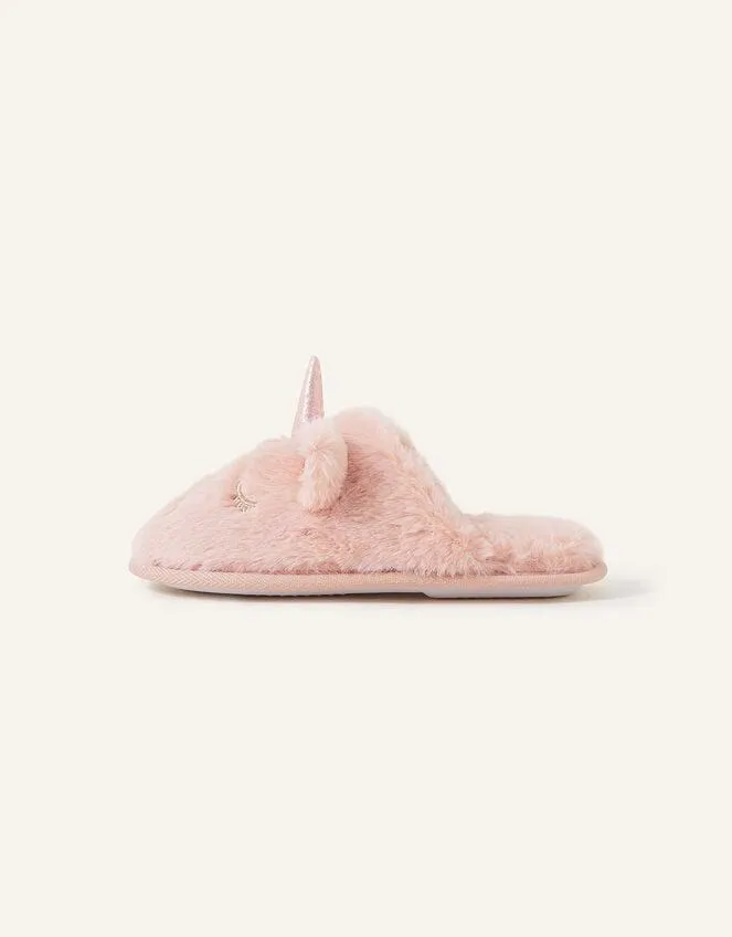 Fluffy Faux Fur Unicorn Mule Slippers Pink