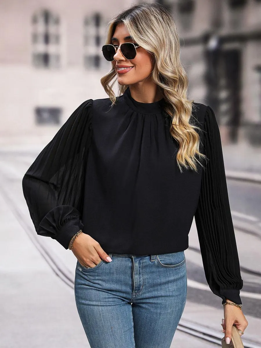 Blouse Black Crewneck Elegant Long Sleeves Tops For Women
