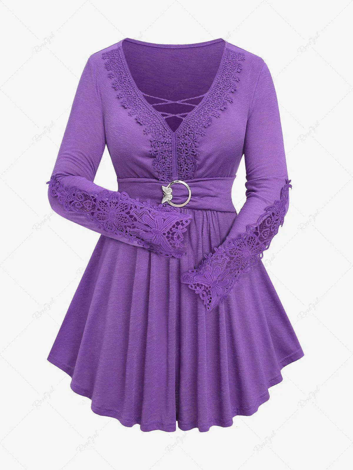 Plus Size Floral Lace Panel Ruched Crisscross Butterfly Buckle T-shirt - L | Us 12