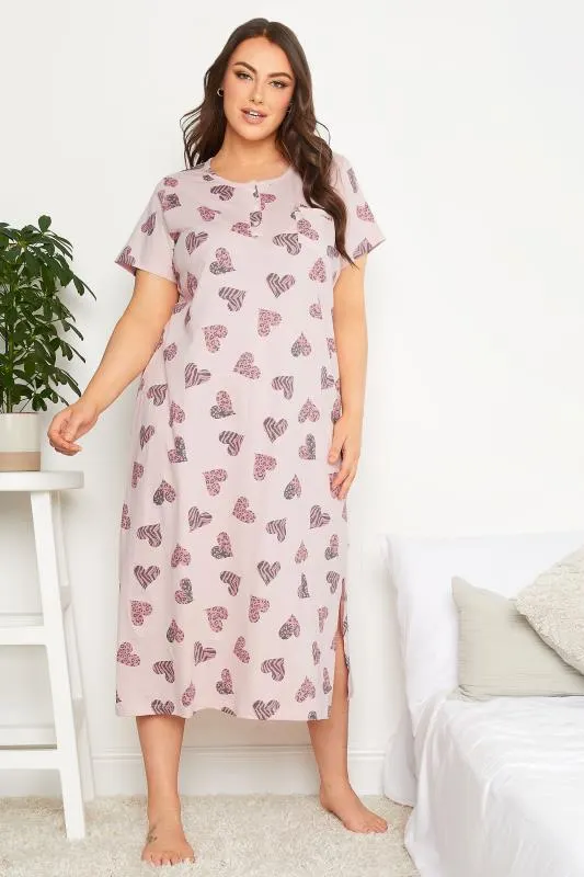 YOURS Curve Pink Animal Heart Print Midaxi Nightdress