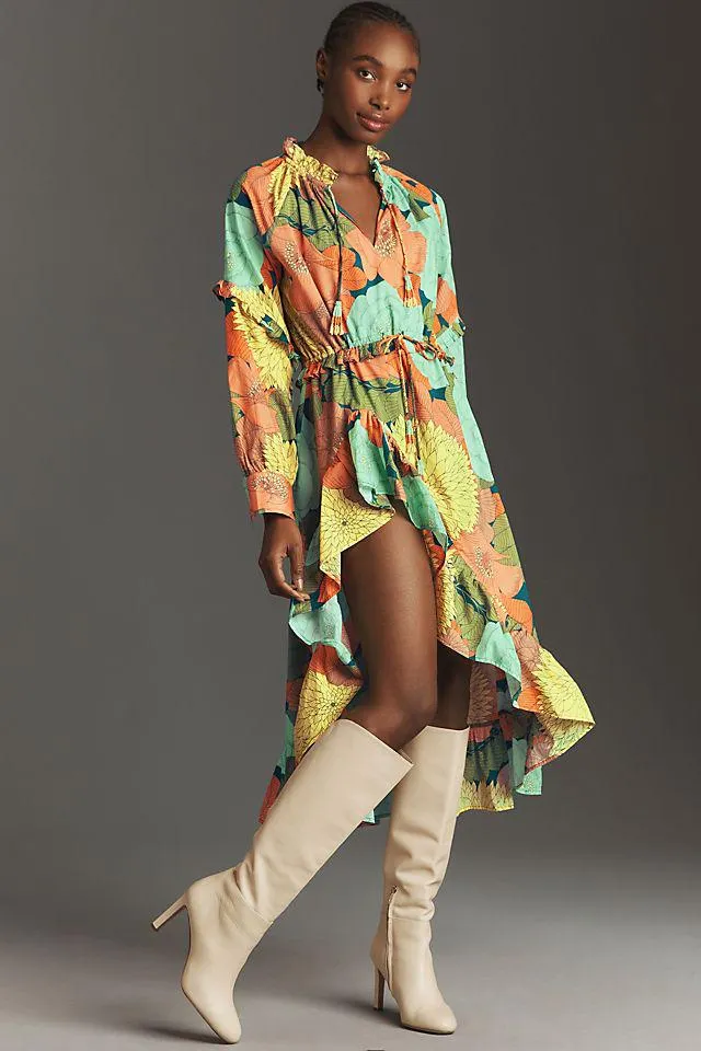 Farm Rio Long-Sleeve Floral Asymmetrical Midi Dress