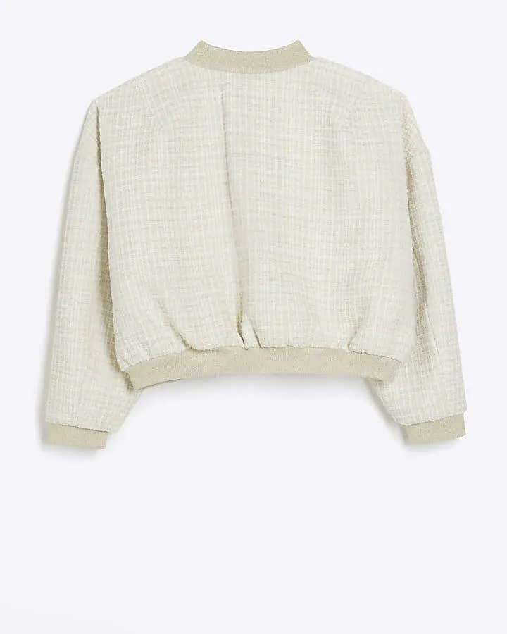 Girls cream boucle bomber jacket