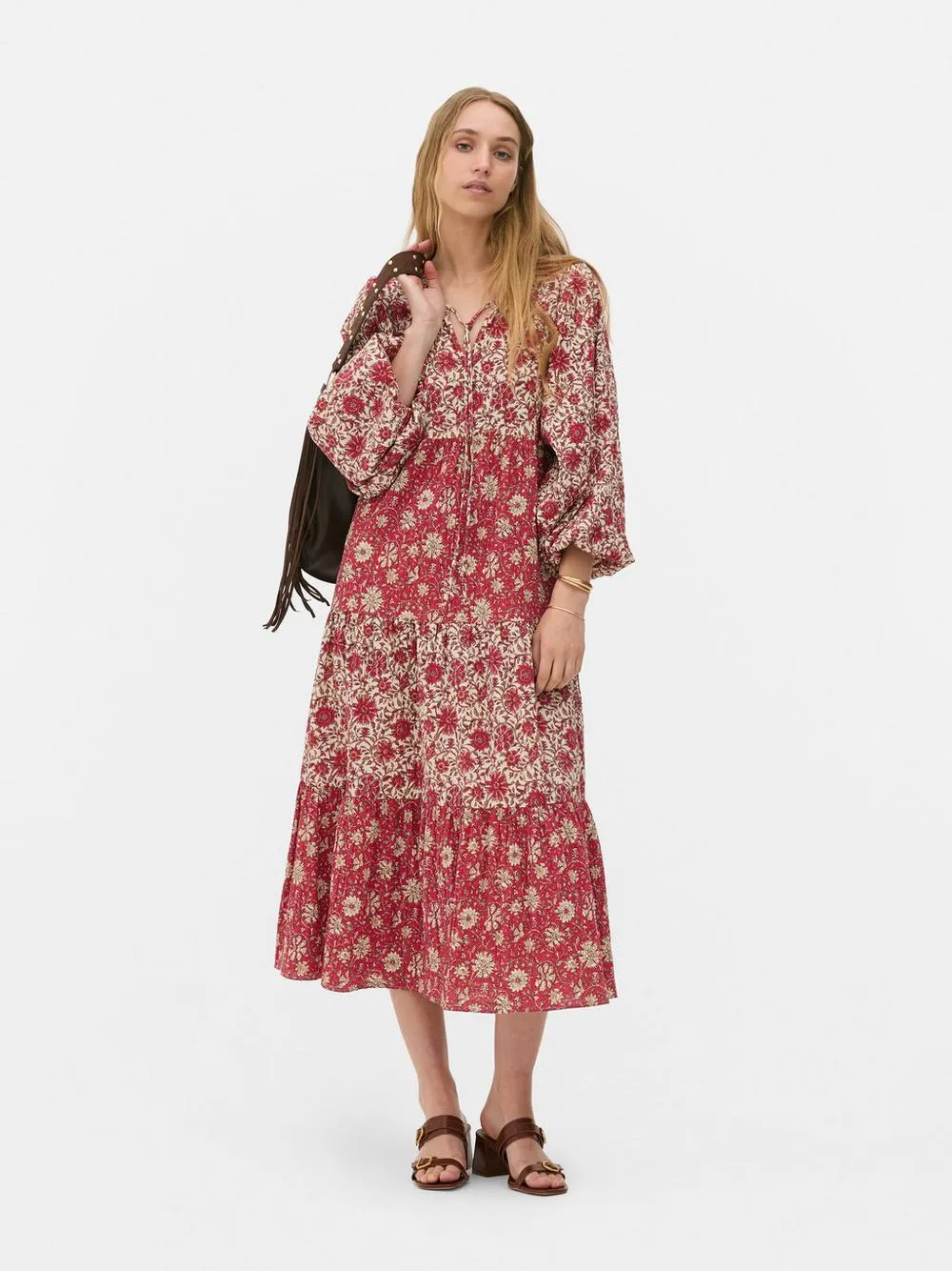 Patchwork Puff Sleeve Midi Dress