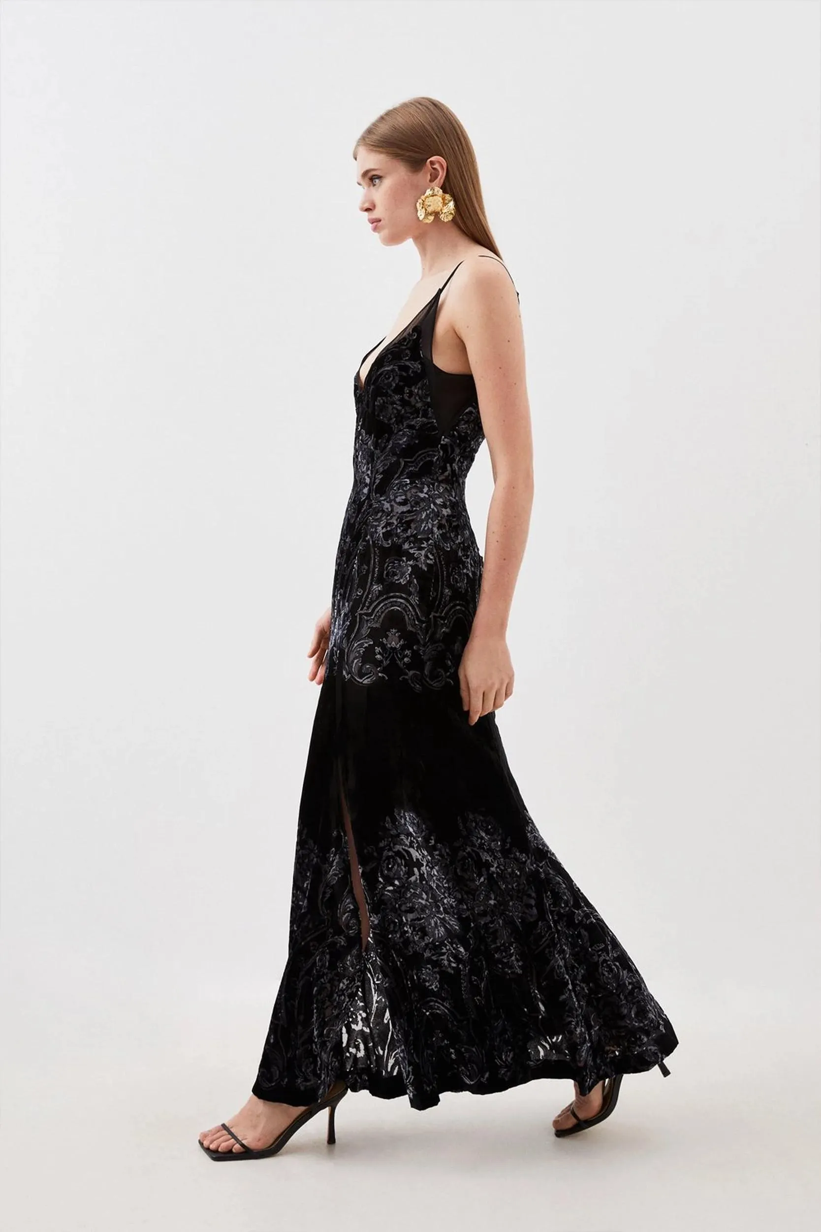 Placed Velvet Devore Strappy Woven Maxi Dress