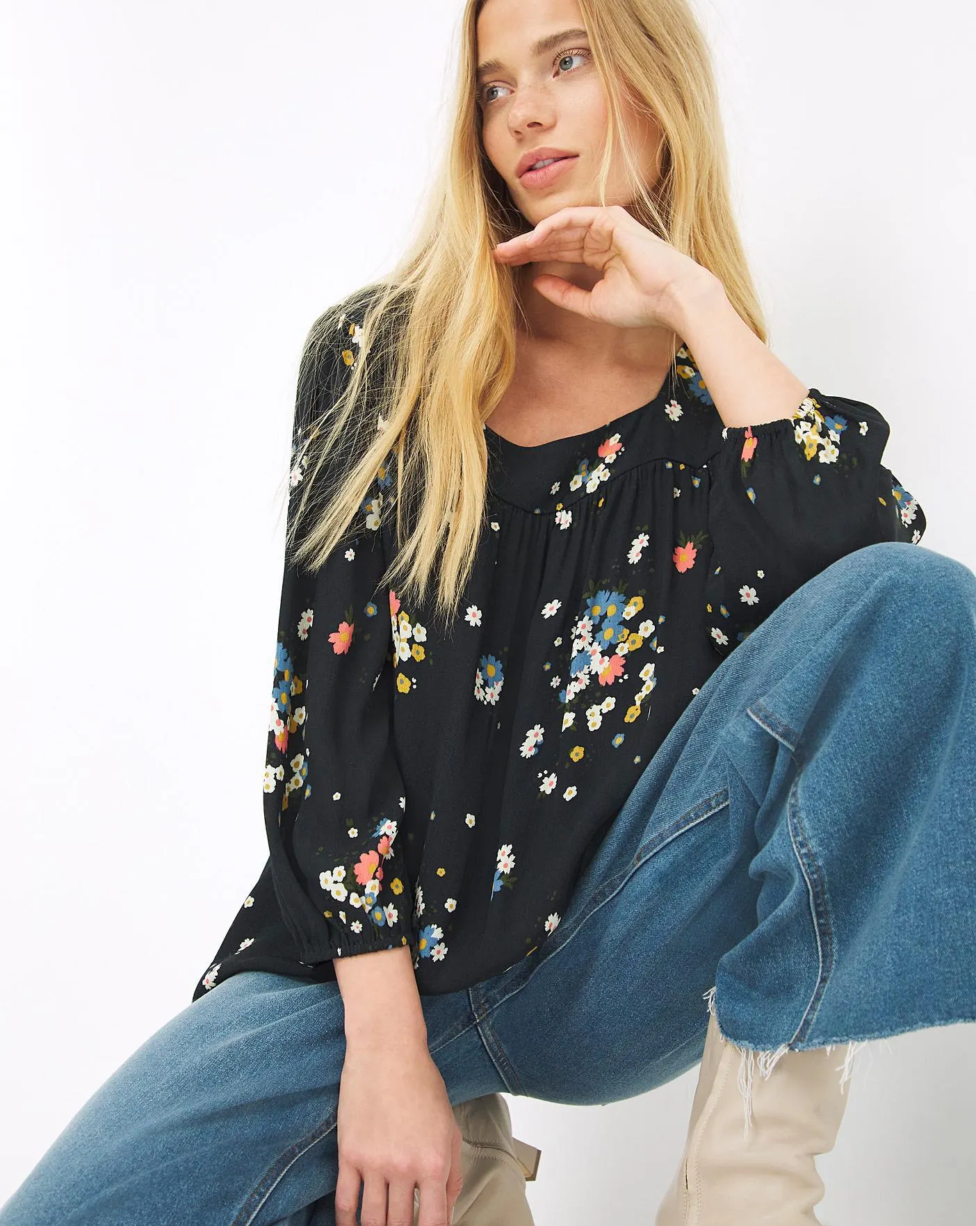 Multi Floral Square Neck Three Quarter Sleeve Blouse