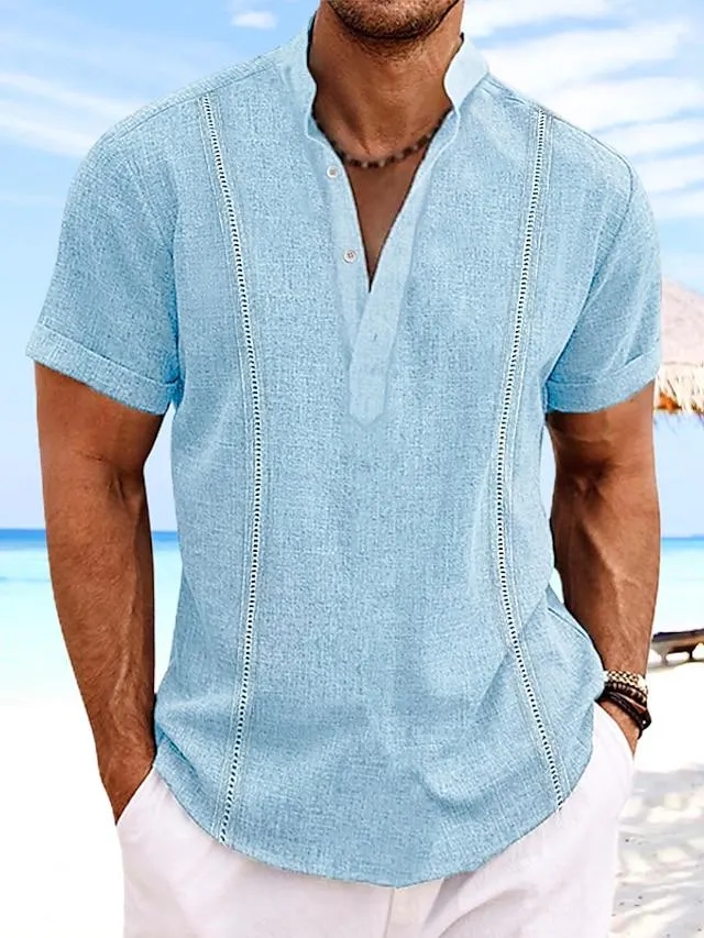 Men's Shirt Guayabera Shirt Linen Shirt Popover Shirt Summer Shirt Beach Shirt White Navy Blue Blue Short Sleeve Plain Collar Summer Casual Daily Clothing Apparel