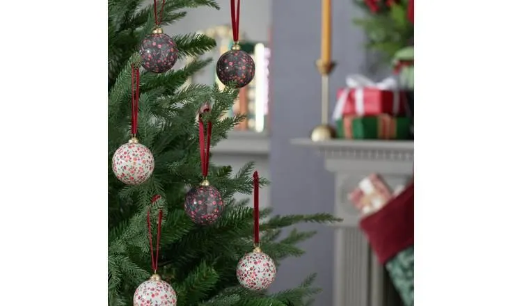 Habitat Pack of 6 Floral Christmas Baubles - Multicoloured