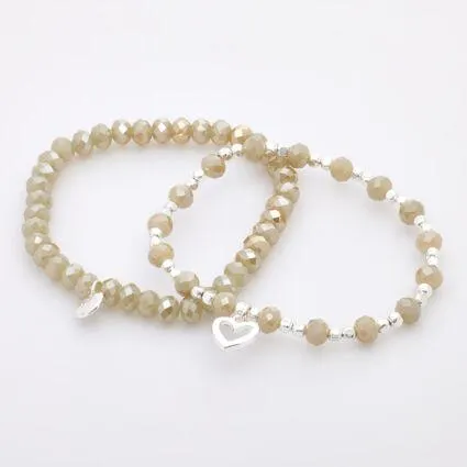 Two Pack Beige & Silver Tone Beaded Bracelets