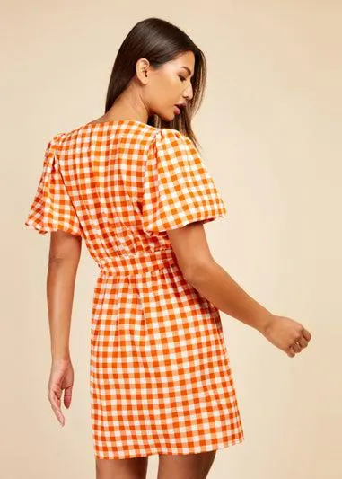 Little Mistress Orange Gingham Puff Sleeve Mini Wrap Dress - Size 8
