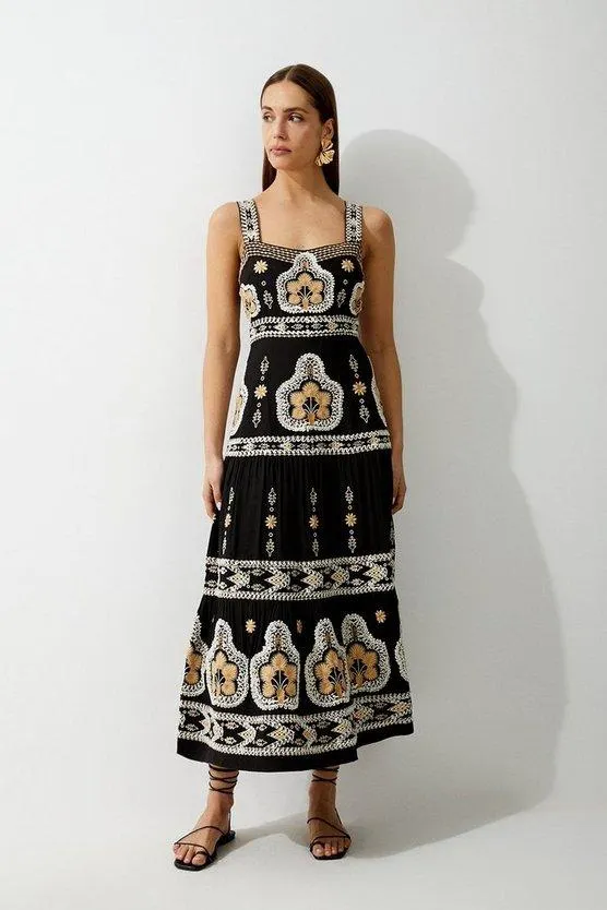 Linen Corded Embroidered Strappy Woven Maxi Dress