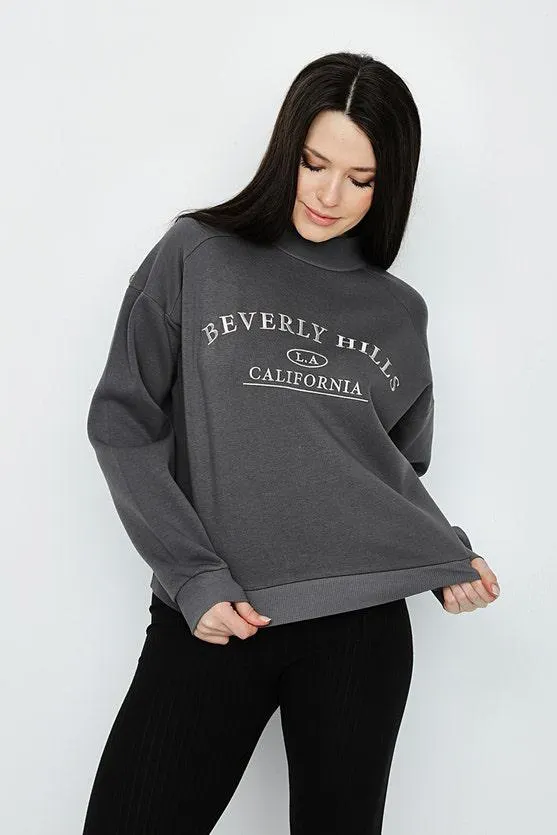 Dark Grey Embroidered Mock Neck Sweat