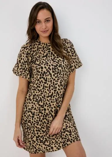 Et Vous Beige Animal Print Puff Sleeve Mini Dress - Size 8