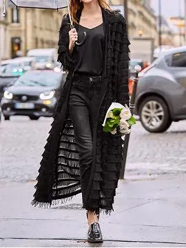 Black Tassel Trim Long Sleeve Longline Coat