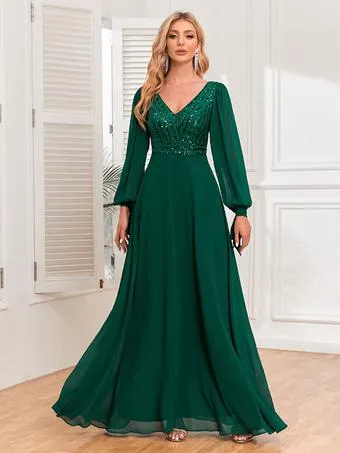 Party Dresses Green V-Neck Sequins Long Sleeves Semi Formal Dress