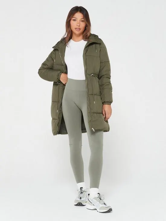 Midi Drawcord Padded Coat - Green