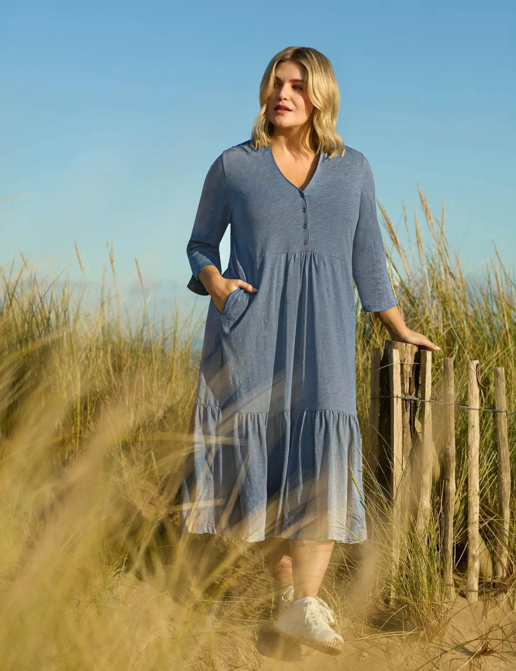 Pure Cotton V-Neck Midaxi Tiered Dress