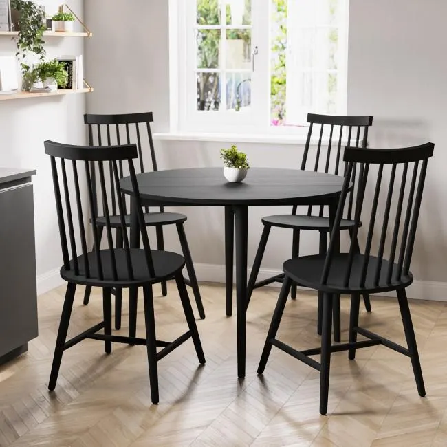 Round Black Folding Drop Leaf Dining Table with 4 Wooden Spindle Dining Chairs - Rudy