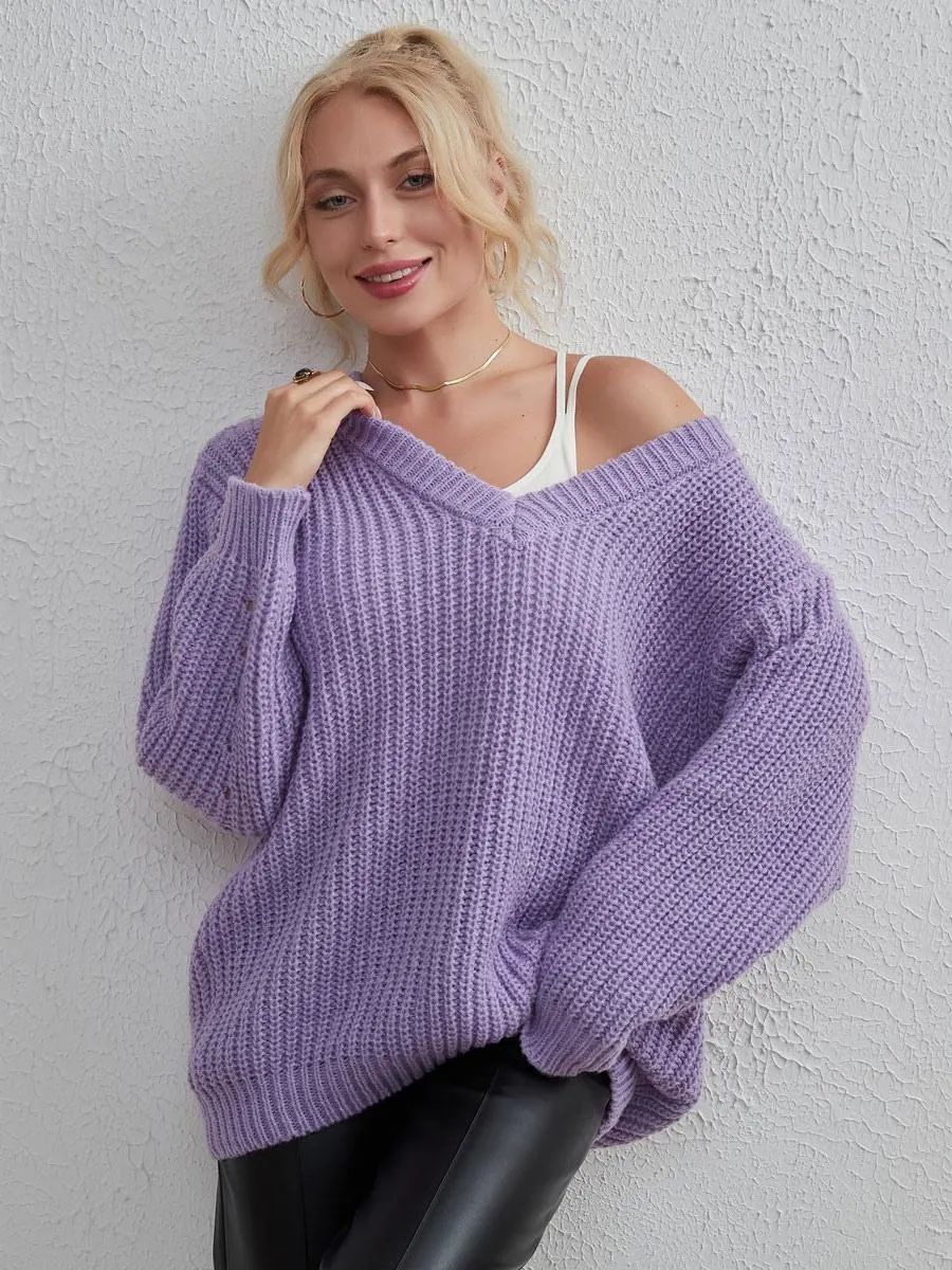 Pullovers For Women Purple Cut Out V-Neck Long Sleeves Acrylic Sweaters