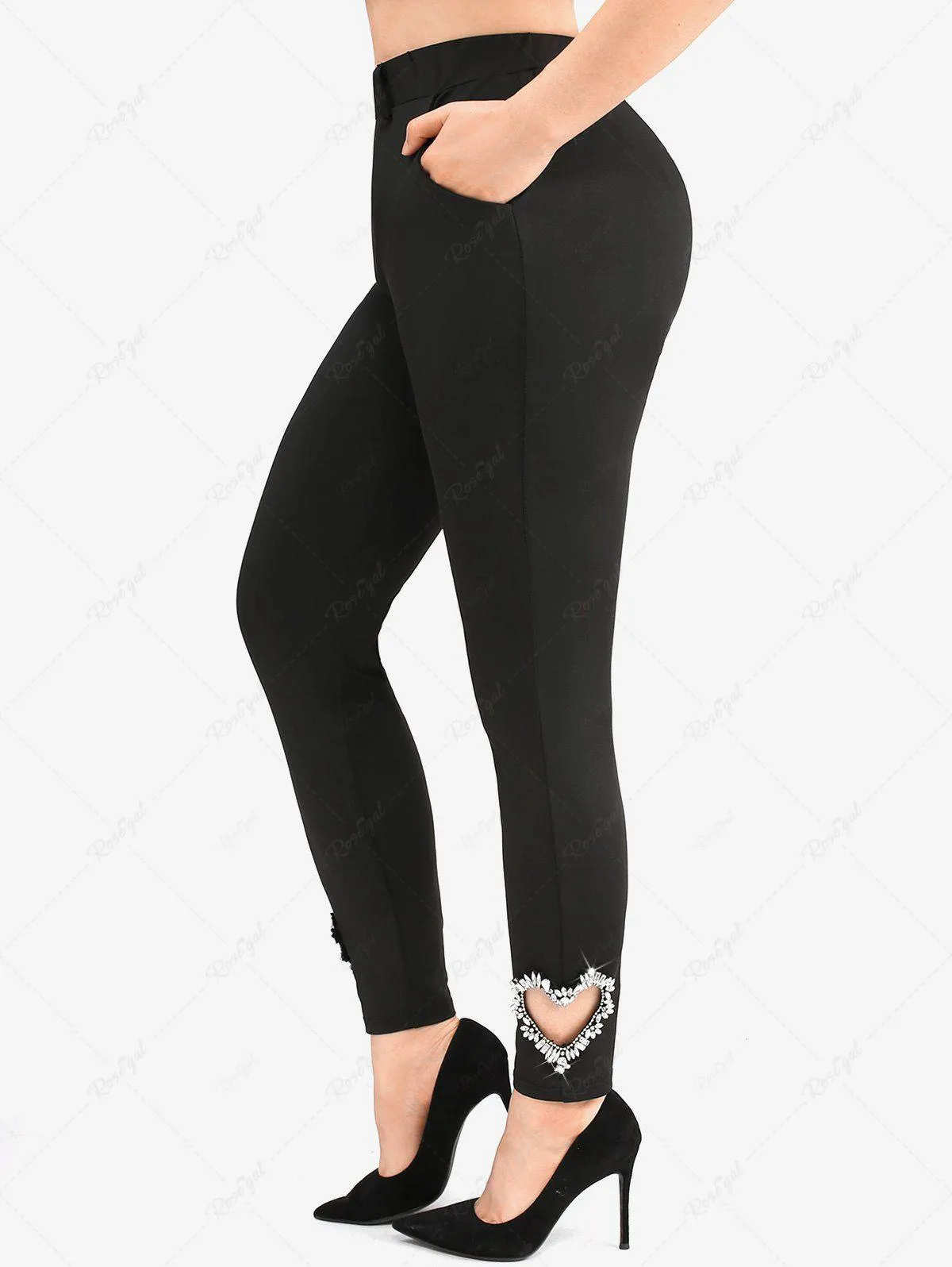 Plus Size Heart Shaped Faux Rhinestone Glitter Pockets Skinny Leggings - 4x | Us 26-28