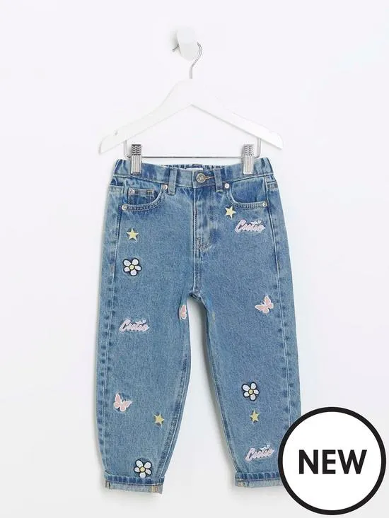 River Island Mini Mini Girls Embroidered Mom Jeans - Blue