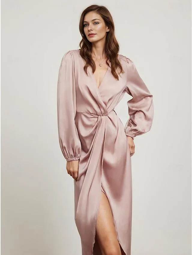 Women's Party Dress Satin Dress Wrap Dress Long Dress Maxi Dress Rose Gold Long Sleeve Plain Pure Color Ruched Twist Split Spring Fall Winter V Neck Elegant Fashion Party Winter Dress Wedding Guest