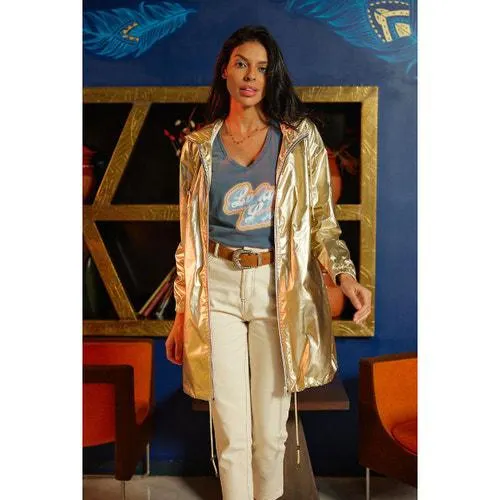 Rainy Metallic Hooded Windbreaker, Mid-Length