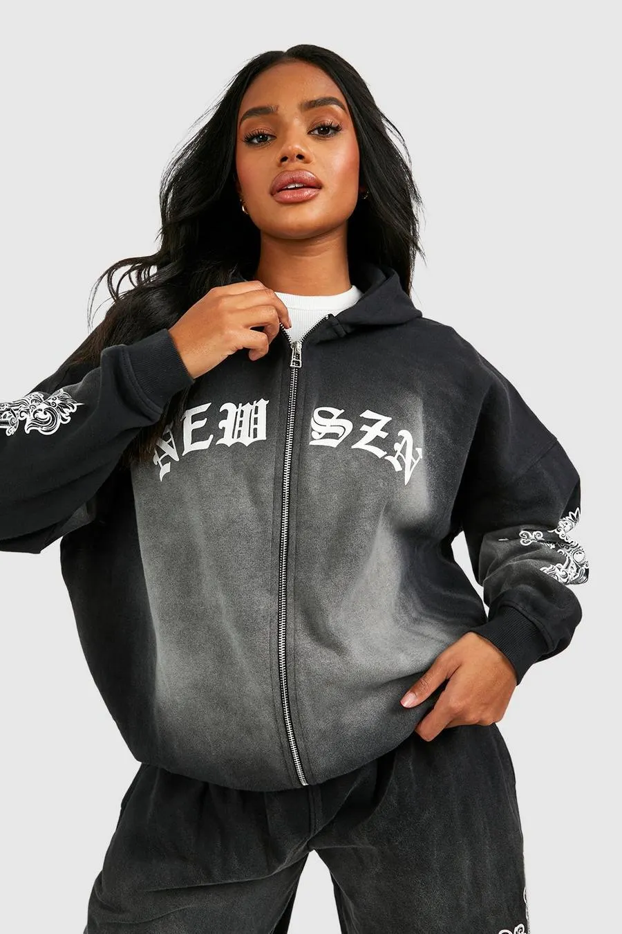 New Szn Cross Printed Washed Oversized Zip Through Hoodie