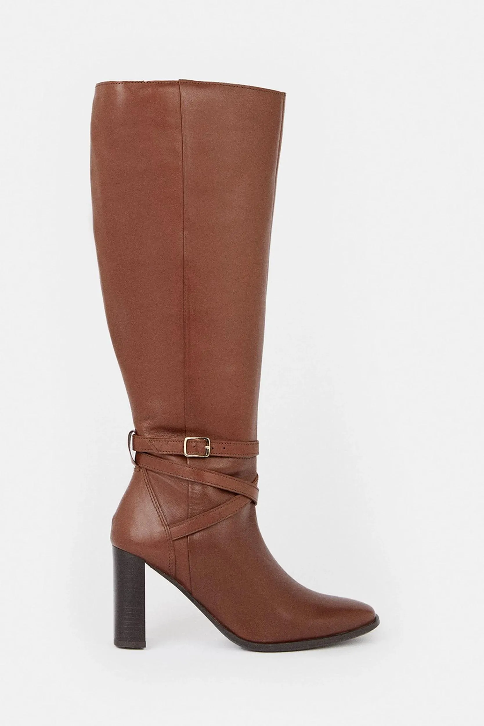 Leather Heeled Buckle Detail Knee High