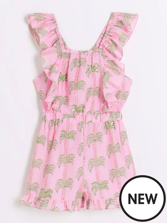 Girls Palm Print Frill Playsuit - Pink