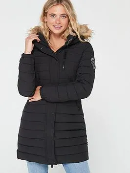 Fuji Hooded Mid Length Puffer Coat - Black, Black, Size 6, Women