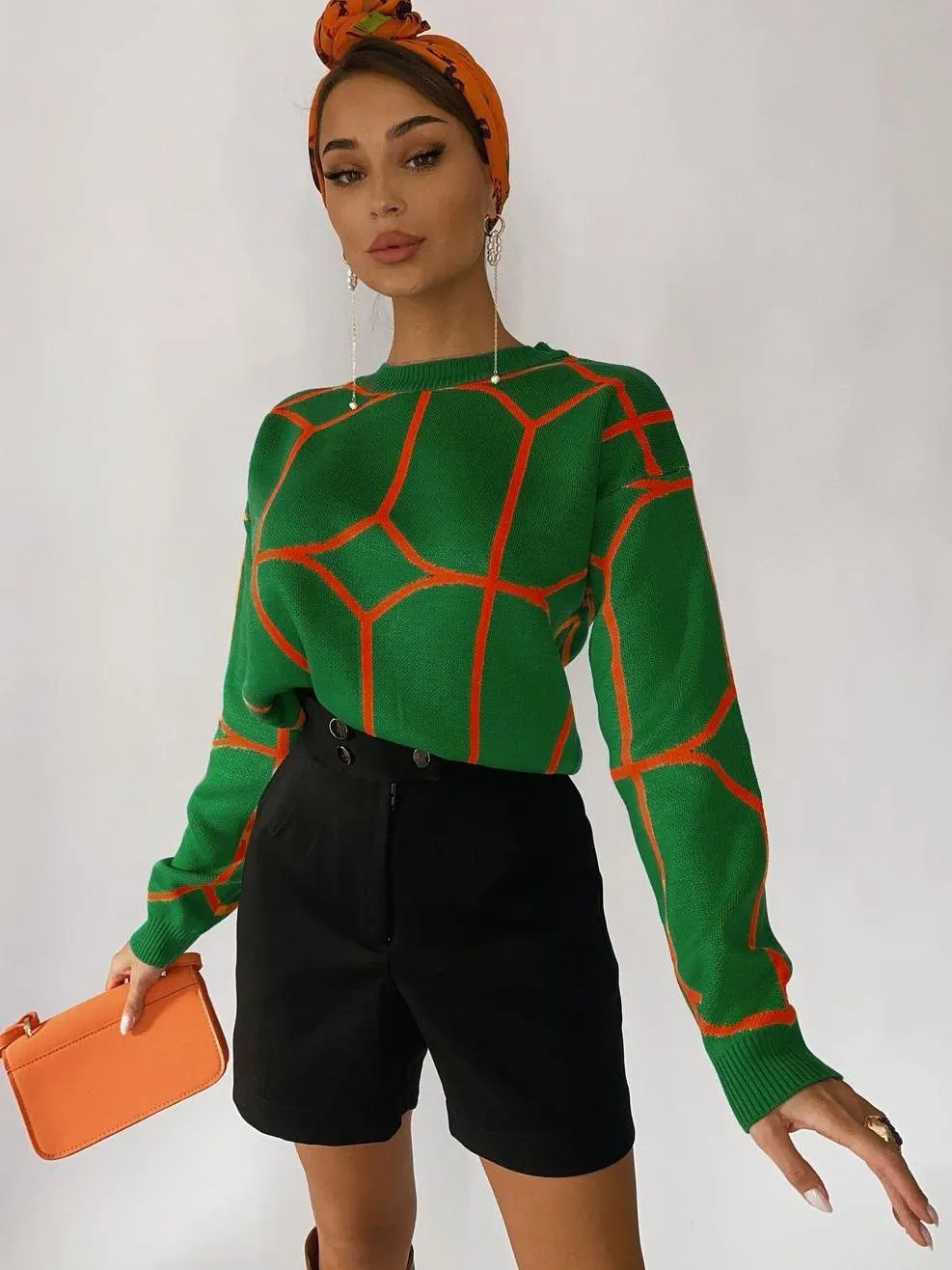 Women Pullover Sweater Green Jewel Neck Long Sleeves Polyester Sweaters