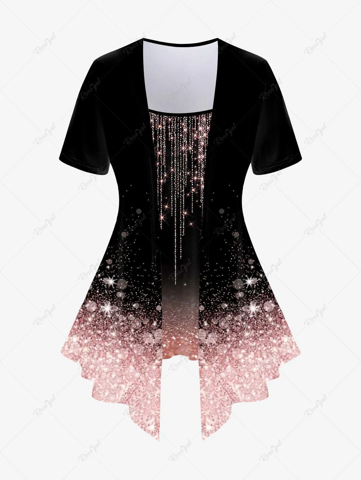 Plus Size 3D Sparkles Light Beam Printed Short Sleeves 2 in 1 Tee - 2x | Us 18-20
